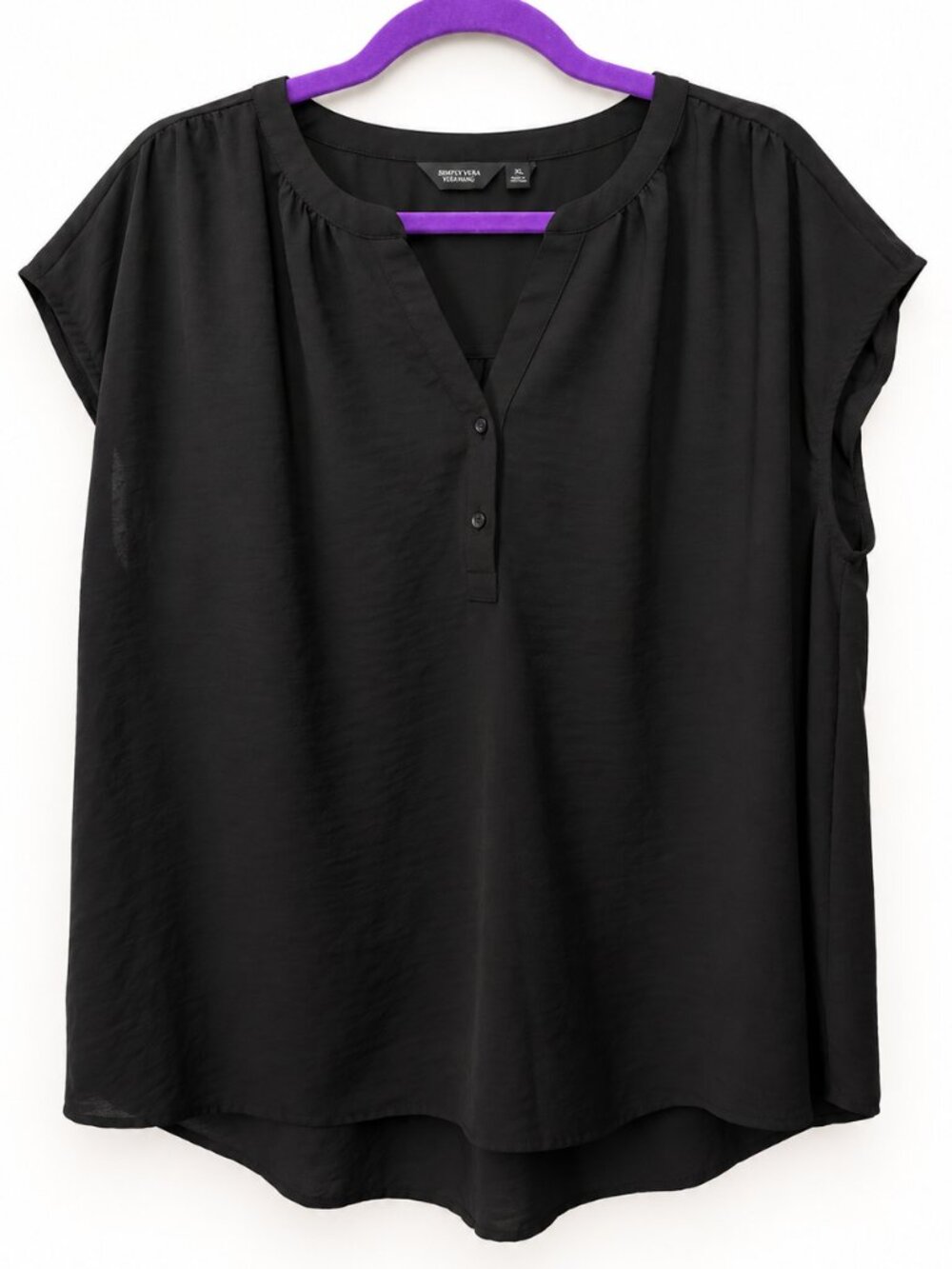 Simply Vera Vera Wang Blouse Womens XL Black Split Neck Cap Sleeve Button Top